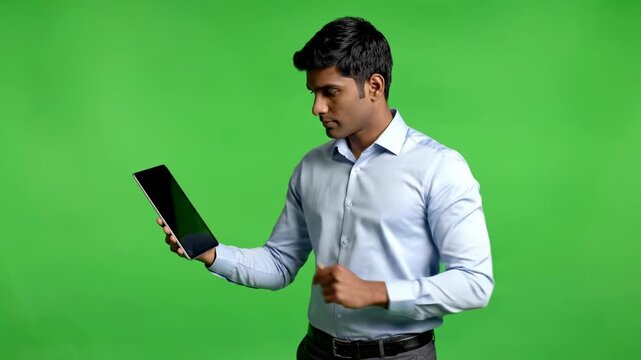 Man using tablet computer with green screen background, for easy compositing businessman