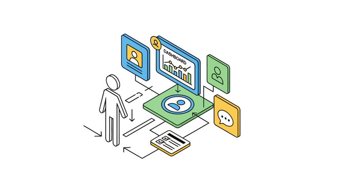 Isometric illustration of digital learning and technology setup.