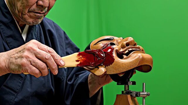 Master artisan applying lacquer to traditional japanese noh mask on green screen