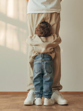 Small Child Hugging Parent Leg From Behind in Denim Jeans and White Sneakers Against Warm Beige Wall in Tender Family Moment
