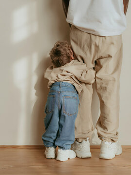 Small Child Hugging Parent Leg From Behind in Denim Jeans and White Sneakers Against Warm Beige Wall in Tender Family Moment