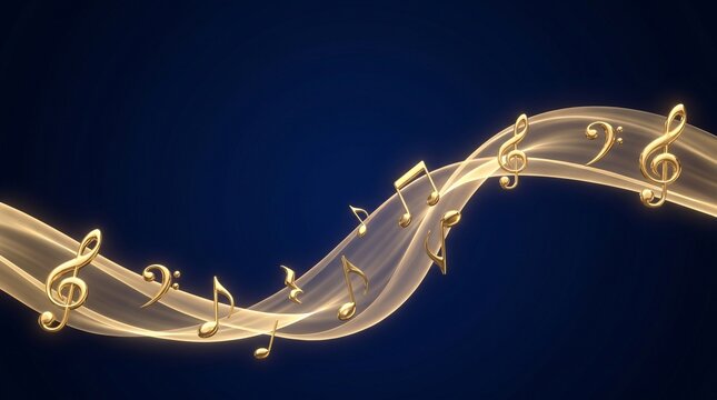 Golden Musical Notes Flowing on a Wavy Ribbon Against Blue