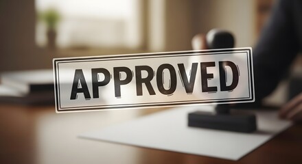 Fototapeta premium Approved stamp on signed document in professional office workspace with natural light
