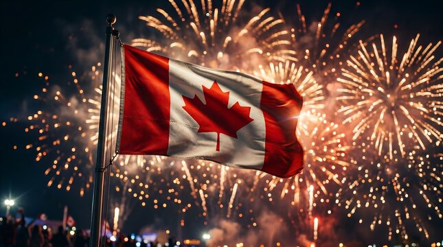 Canada day background with text copy space festive fireworks and national flag