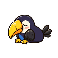 Obraz premium Cartoon-style illustration of a sleeping toucan. Features a large yellow beak and closed eyes