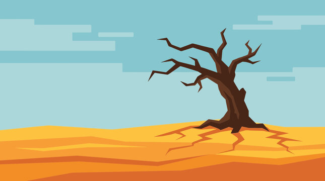 Dead Tree Standing Alone in Dry Desertified Terrain