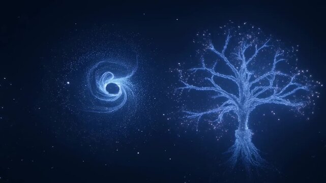 Ethereal glowing tree and swirling cosmic energy abstract fantasy light nature background