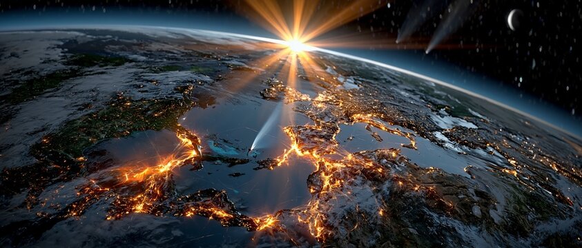 The planet is bathed in the lights of civilisation at dawn, providing a visual backdrop for articles on globalisation.