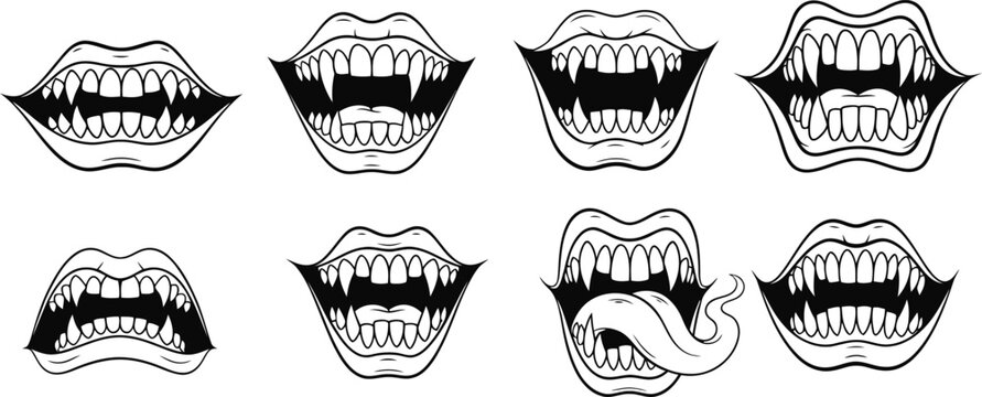 Variety of cartoon vampire mouths with sharp teeth and fangs on a white background illustration
