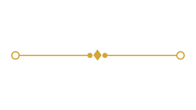 Elegant gold horizontal divider line with circular ends and a diamond shape in the center, decorative separator for text or design elements isolated on transparent background