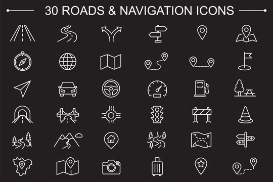 Map and location icon set. Navigation, GPS, direction, travel, route, destination, road, navigator icons. Thin line editable stroke vector illustrations. Map pin thin line icon set. destination point