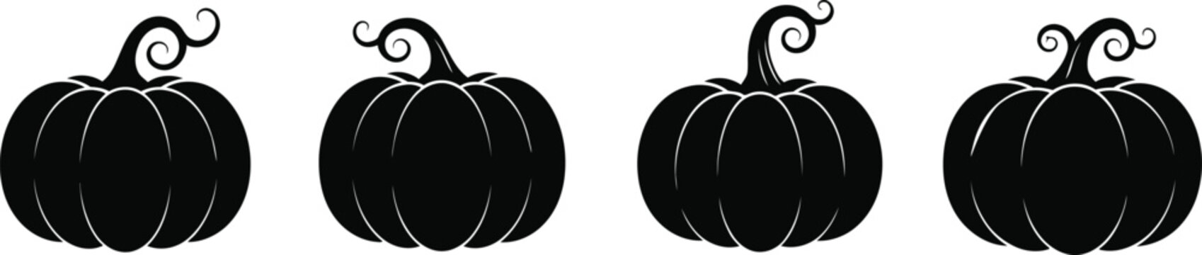 Four black pumpkin silhouettes with varying outlines on a white background for autumn and halloween designs
