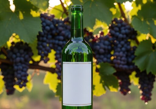 Garrafa de vidro verde elegante com r&oacute;tulo branco limpo posicionada em destaque diante de videiras carregadas sob a luz suave do entardecer, sun, soil, outdoors