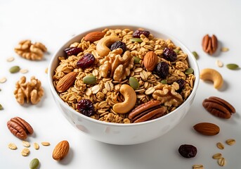 Fototapeta premium Bowl of healthy granola with mixed nuts and dried berries for breakfast. nutty granola blend