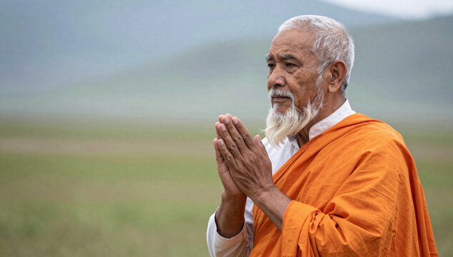 Elderly man in traditional buddhist robe meditating in a field of grass