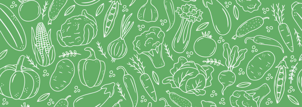 Vegetable seamless pattern line art on green background