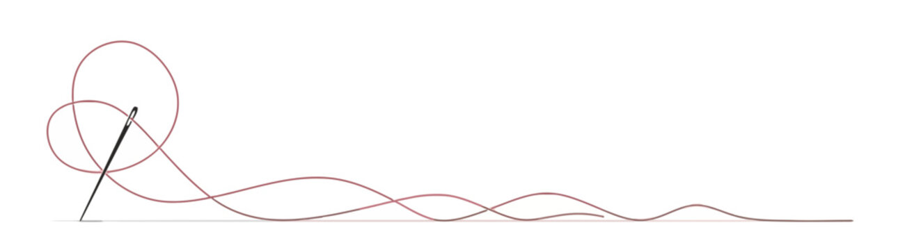 Needle and red thread sewing illustration on white background