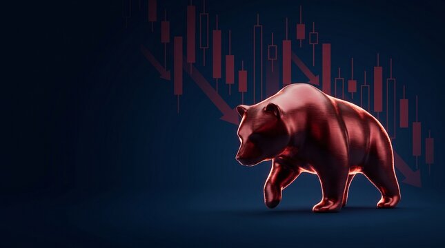 Metallic red chrome bear statue walking down with faded red downward candlestick chart on dark background with copy space