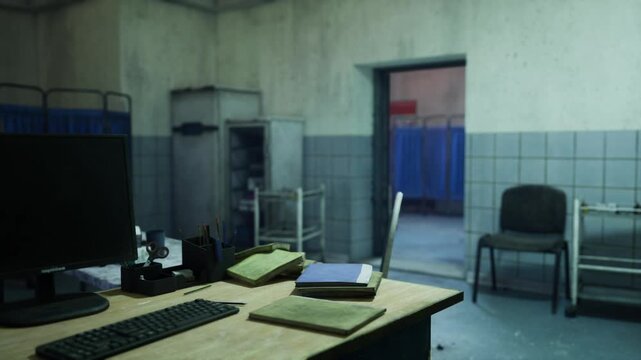 busy clinic admin desk with monitors, folders and notepads, blue privacy curtains in background, office chair, scattered pens and subtle fluorescent lighting