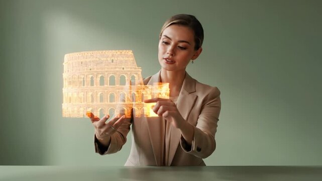 Professional woman interacts with a detailed orange hologram of the Colosseum. She explores the 3D structure using touch and gestures, showcasing advanced AR technology.