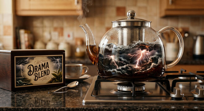 Glass teapot containing a miniature storm in a surreal cinematic style, dramatic dark tones and lightning effects, featuring &ldquo;DRAMA BLEND&rdquo; tea branding