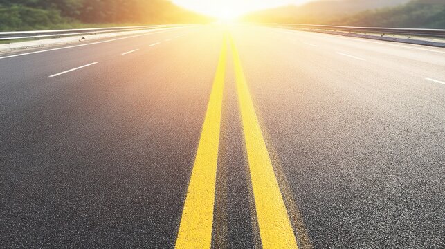 retroreflective. A wide highway with a prominent yellow double solid line extending to the horizon. mobility guides, transit brochures, designed for transport & logistics marketing.