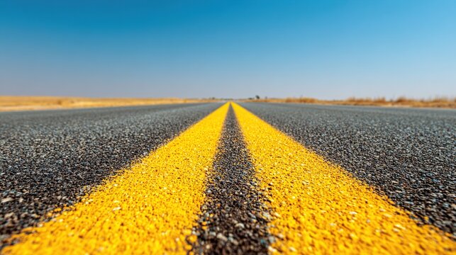 retroreflective. A wide highway with a prominent yellow double solid line extending to the horizon. mobility guides, transit brochures, designed for transport & logistics marketing.