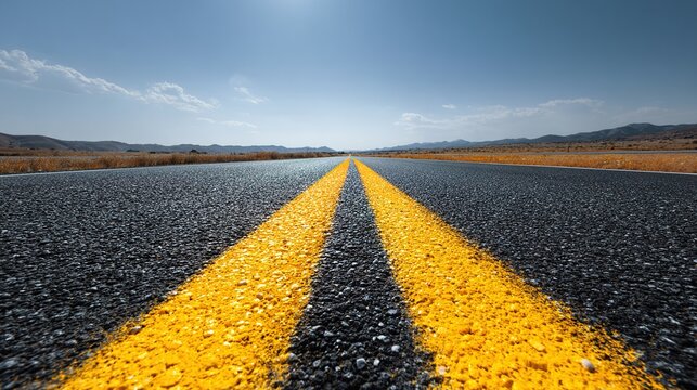 retroreflective. A wide highway with a prominent yellow double solid line extending to the horizon. mobility guides, transit brochures, designed for transport & logistics marketing.