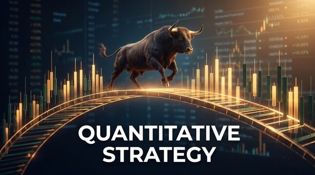 Powerful black bull running on golden bridge with quantitative strategy text and stock market candlestick chart data background