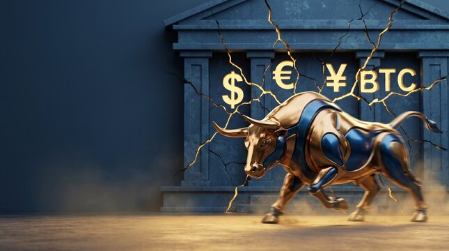 Dynamic gold and metallic blue bull charging forward with flying dust from a cracked bank building with glowing currency symbols and a bitcoin sign with copy space