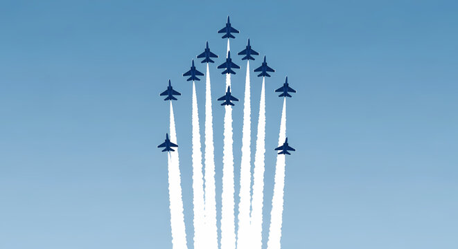 Military jet formation in blue sky with smoke trails
