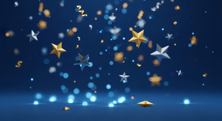 Naklejka premium Golden and silver star-shaped confetti and bokeh lights creating a festive celebration atmosphere on a deep blue background