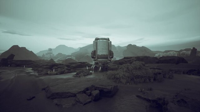 inspection rover investigating scattered debris field near eroded outcrop, low light emphasizes texture of rocks and dust, telemetry antennas active, tense mood