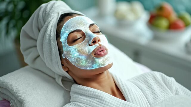 Young woman receiving professional facial mask treatment in a relaxing spa salon.