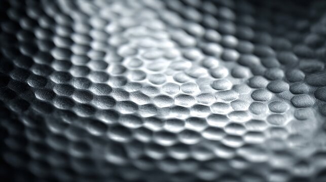dimple. Close-up of a hammered tin sheet showing geometric dimple texture with dramatic shadows. safety posters, maintenance manuals, designed for industrial assembly lines and welding operations.
