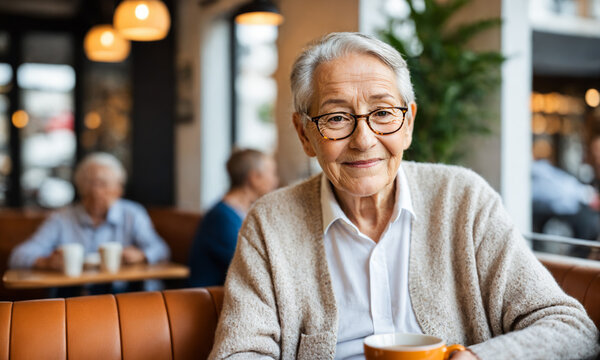 portrait of senior woman with glasses and beige cardigan smiling warmly while sitting in a bright cafe environment