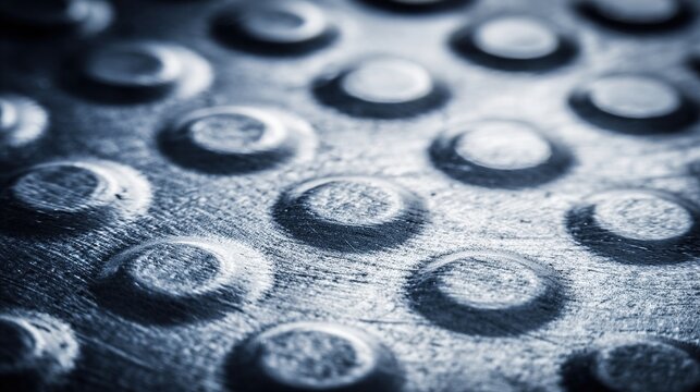 dimple. Close-up of a hammered tin sheet showing geometric dimple texture with dramatic shadows. safety posters, maintenance manuals, designed for industrial assembly lines and welding operations.