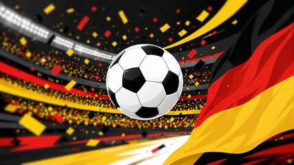 Fototapeta premium soccer ball flying in midair over a brightly lit crowded sports stadium during a football championship match with flying confetti and the waving german flag.