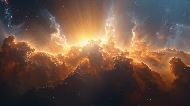 Soft cosmic haze beams glowing across a shadowy nebula with warm flare layers and tranquil motion