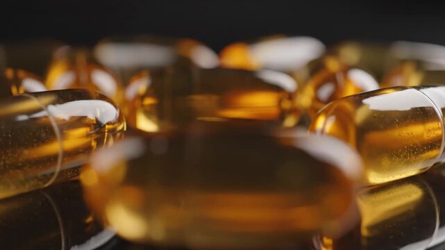 Extreme macro of golden omega 3 fish oil softgel capsules on a dark reflective surface