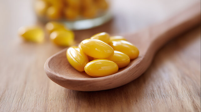 Bright yellow capsules in a wooden spoon, symbolizing health, wellness, and medicine, set against a warm, natural wood background. Focus on holistic care