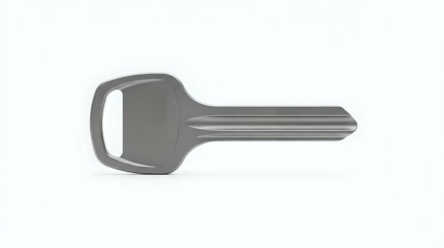Blank metal key isolated on white background, uncut silver key blank for locksmith and security concepts.