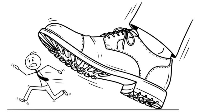 business pressure and job insecurity concept showing giant shoe about to crush small businessman, line art black and white illustration of big business crushing small businessman type illustration
