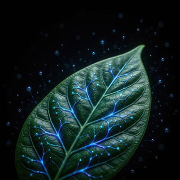 Ethereal Bioluminescent Chacruna Leaf Revealing Glowing Neural Pathways