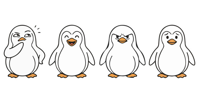 cute cartoon penguin emotions set expressive penguin characters showing joy, thought, anger and neutral faces