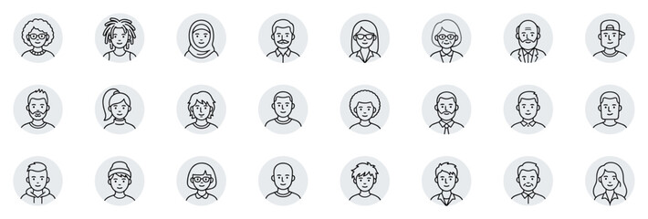Diverse set of minimalistic male and female avatar icons representing various ethnicities and styles in a simple black line art design on transparent background © Yehor