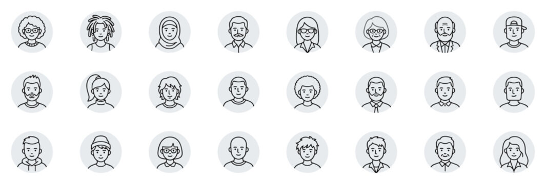 Diverse set of minimalistic male and female avatar icons representing various ethnicities and styles in a simple black line art design on transparent background
