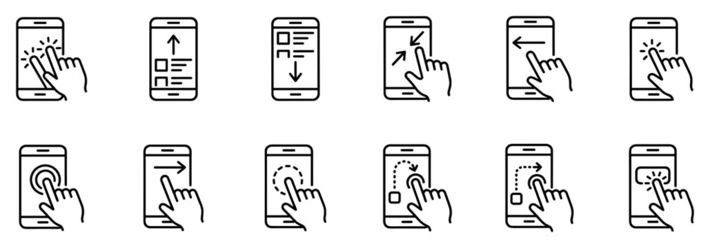 Set of smartphone touchscreen gesture icons including tap, swipe, scroll, pinch, and drag hand gestures on mobile devices on transparent background