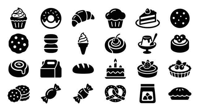 Set of black dessert and bakery icons including cupcake, donut, croissant, muffin, cake, cookie, macaron, ice cream, cinnamon roll, pudding, bread, candies, bretzel on transparent background