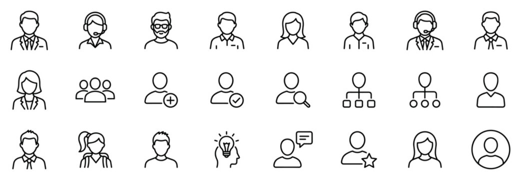 Set of user profile and business avatar line icons representing people, roles, and team concepts on transparent background